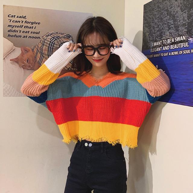 Loose College Style Knitwear for Women Early Autumn Rainbow Stripe Splicing Color Sweater Fringed Short Blouse