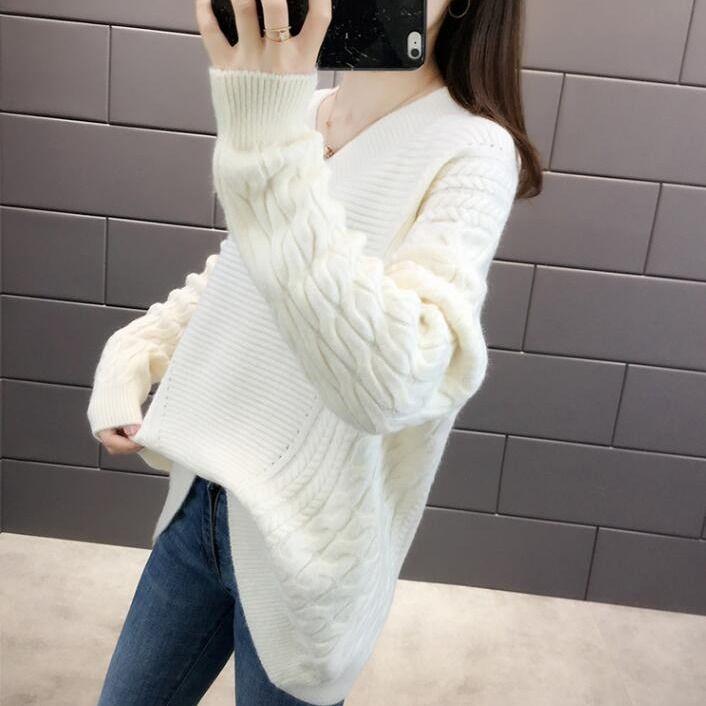 Solid Color Batwing Sleeve V-neck Sweater Autumn and Winter Loose Mid-length Bottoming Shirt