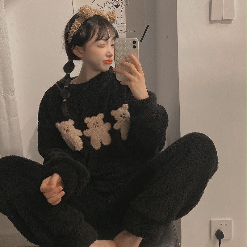 Women's Winter Thick and Velvet Korean Pajamas Suit Fashion Flannel Cartoon Outer Wear Cute Sweet Home Service