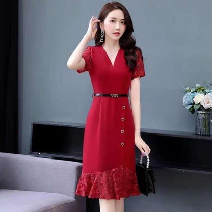 2021 Summer New Dresses Female Large Size Long Western-style Mother Summer Dress Waist Lace Stitching A-line Skirt