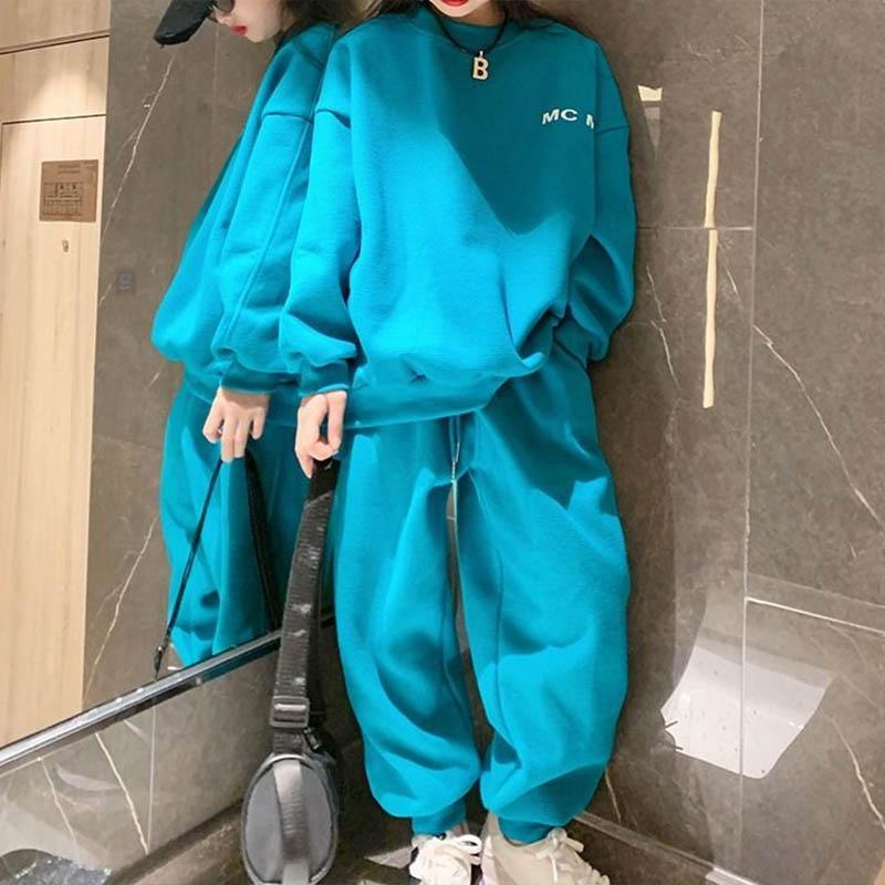 Girls Spring and Autumn Casual Sweater Suit Korean Fashion Solid Color Pullover Loose All-match Sports Suit Two-piece Set