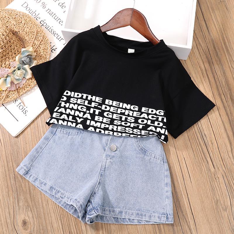 2PCS Children Clothing Set Spring Summer Girls Suits High Waist Denim Shorts Printing Letter Middle Sleeve Tops Clothing Set