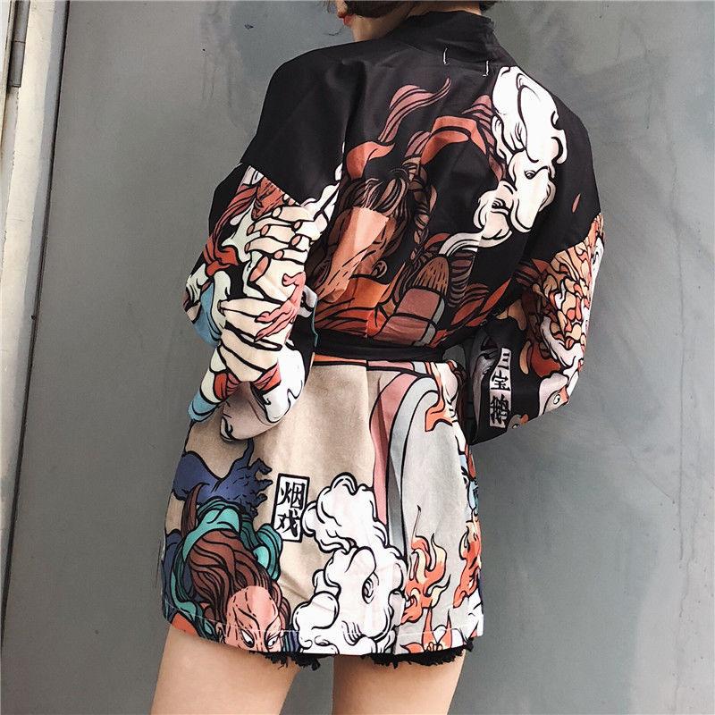 Comic Print  Cardigans Japanese Kimono Cardigan Woman Thin College Streetwear Sunscreen Clothes Kimono Coat