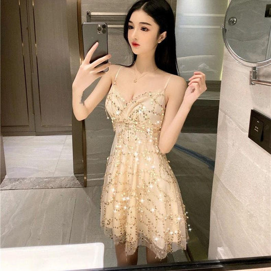 Women Summer Fringe Sequins Evening Club Halter Dress Vintage Unusual Beach Dress Mesh Slim Backless Short Night Party Dress