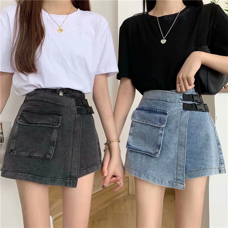 WTEMPO Big Pocket Irregular High Waist Denim Shorts Women Loose Wide Leg A-line Casual Shorts