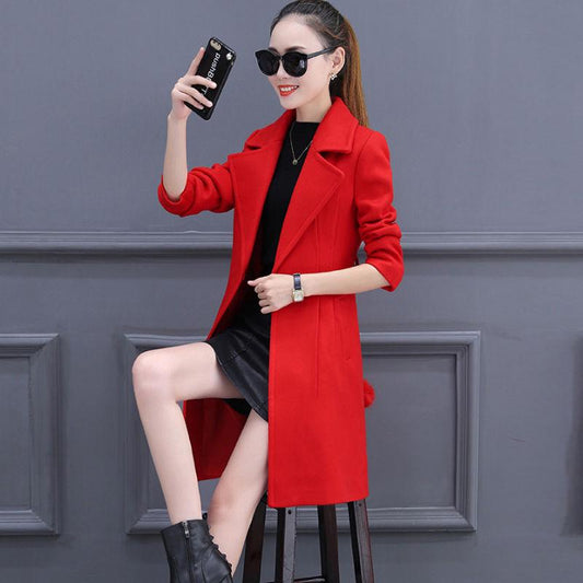 2019 Winter Women's Woolen Coat Female Slim Long Coat Autumn and Winter Thickening Woolen Coat