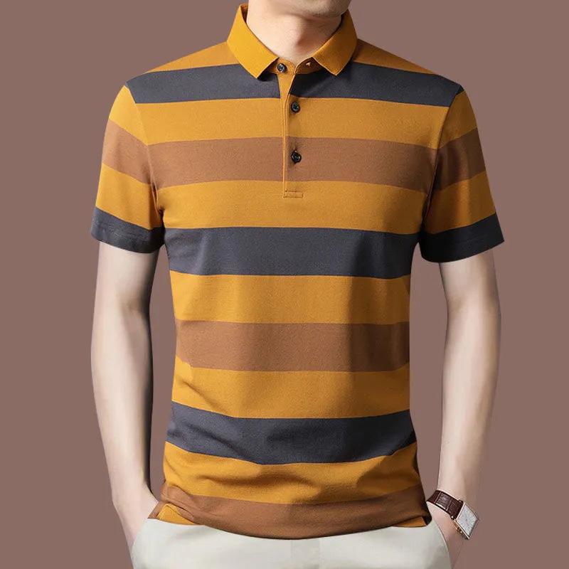 Summer Men's Short-sleeved Lapel T-shirt Striped Sweater Button Polo Shirt Middle-aged Youth Top