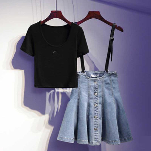 Women Black Pullover Round Neck T-shirt+strap Denim Dress 2pcs Denim Skirt T-shirt Suit