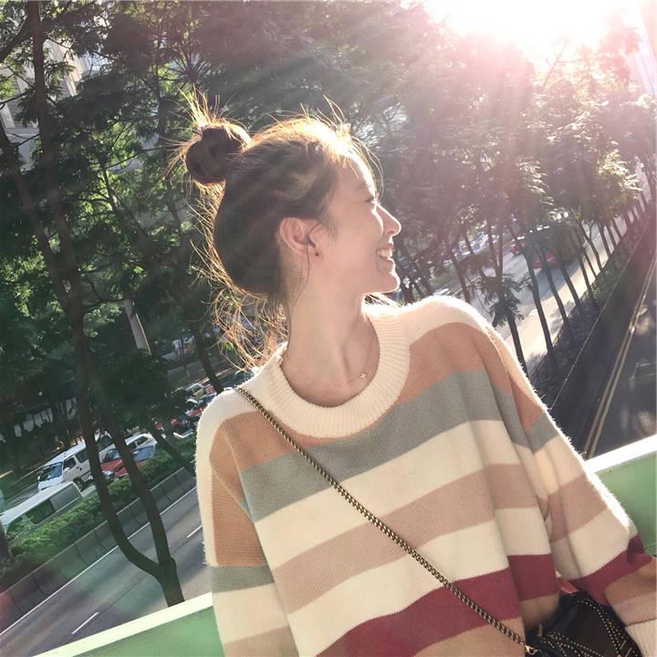 Pofulove Loose Pullover Sweater Women Autumn  Winter Cute Colored Striped Knitted Sweater Student