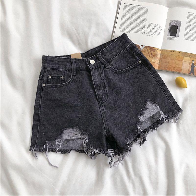 Light-colored Denim Shorts Women's High Waist Summer New Style Korean Loose Loose Holes and Raw Edges Are Thin