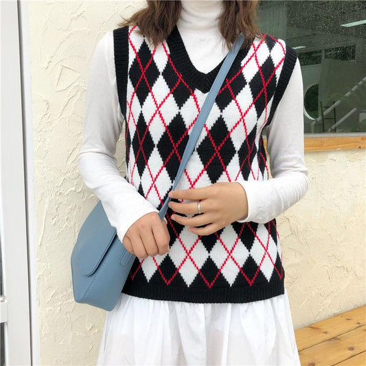 Checked Sleeveless Sweater Loose Student College Style Knitted Sweater Tank Tops for Women