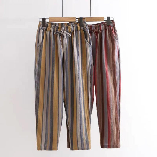 Cotton Nine-point Pants Women Loose Summer Wild Striped Casual Pants Harem Pants Carrot Pants Trendy Women