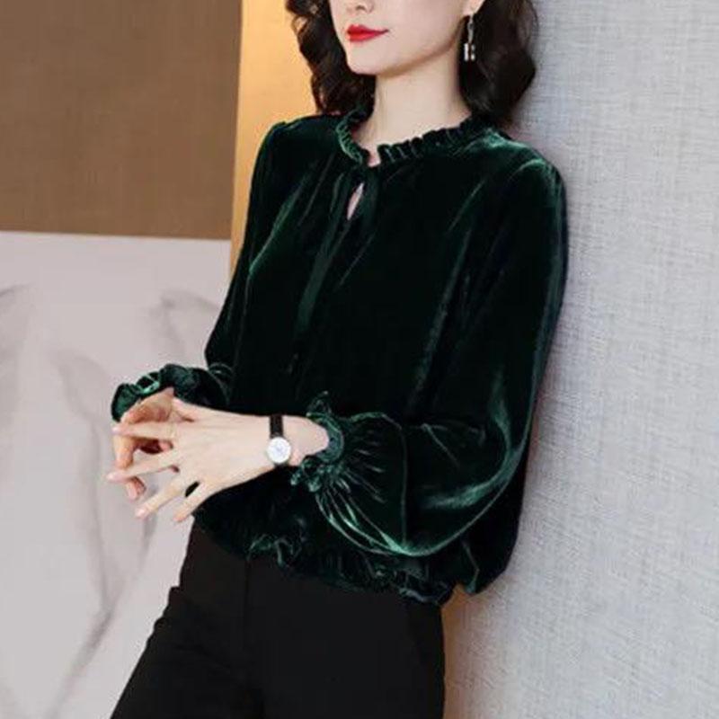 Autumn Spring Women Blouse Velvet Shirts Tops Vintage Long-sleeved Bow Ruffled Blouses Casual Loose Ladies Tops Female Clothes Pullover