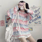 Women Long Sleeves Harajuku T-Shirt Rainbow Contrast Colored Cross Stripes Printed Loose Pullover Top