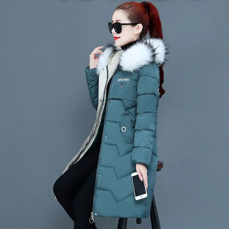 Ladies Down Jacket Winter Fashion Big Fur Collar Hooded Jacket Thick and Cotton Warm Mid-length Jacket