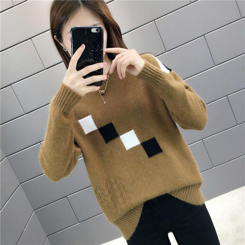 Autumn Winter Women Sweaters and Pullovers Plaid Thick Knitted Sweater Female Loose Pull Femme