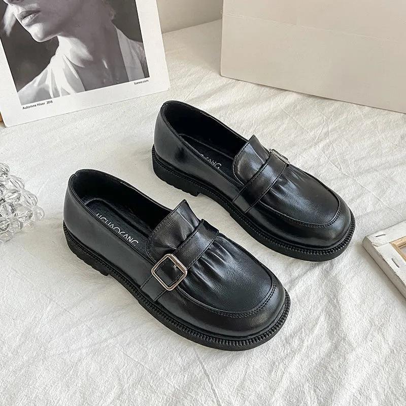 Female Retro British Style Black Leather Shoes Girls Spring Autumn Summer Flat Slip-on Single Shoes Casual Mother Home Shoes