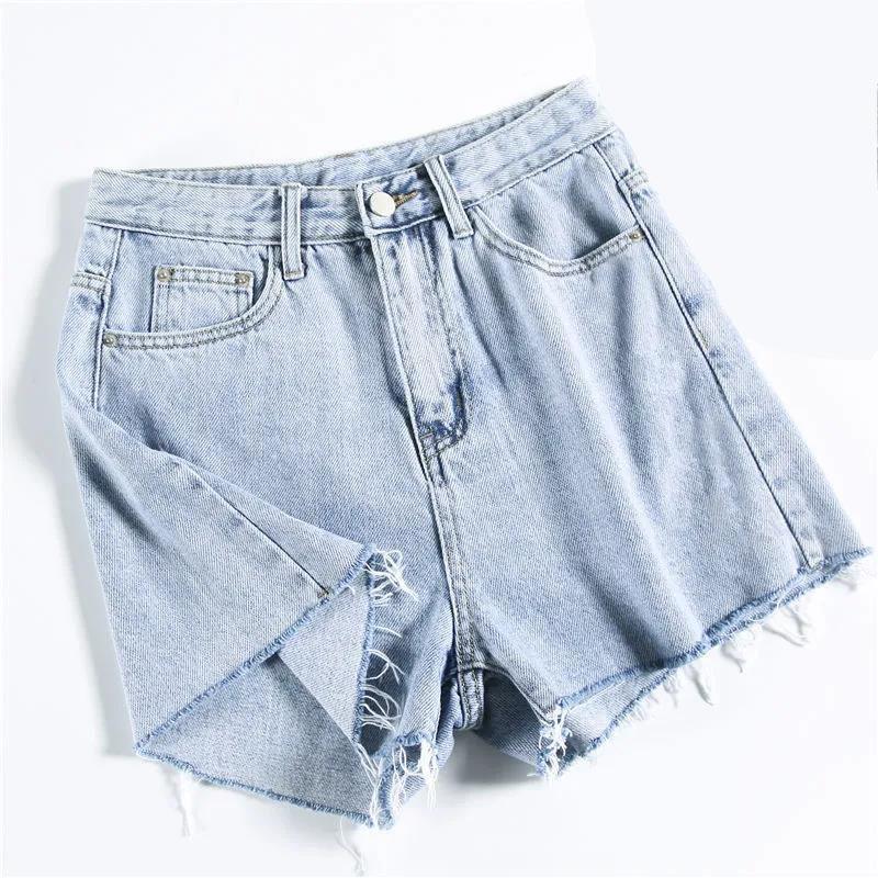 Women Light Blue Chic Pockets Frayed Hem Ripped Denim Shorts Vintage High Waist Zipper Female Short Jeans