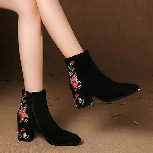 Women's Winter Frosted Coarse Heel Plush Short Boots Large Soft Bottom Embroidered High-heeled Cotton Shoes