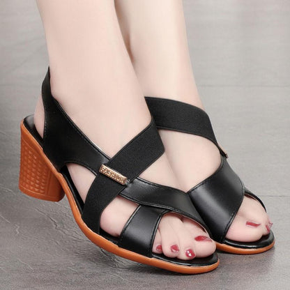 Mid-heel Sandals Women's Summer High-heeled Shoes Thick-heeled Fish Mouth Shoes Middle-aged and Elderly Comfortable Non-slip Soft Sole