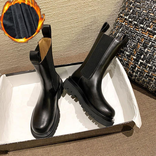 Chelsea Boots 35-43 Plus Size Thick Martin Boots Woman British Style Thick Snow Boots Cotton Boots Plus Velvet Boots Winter Boots Black Leather Boots