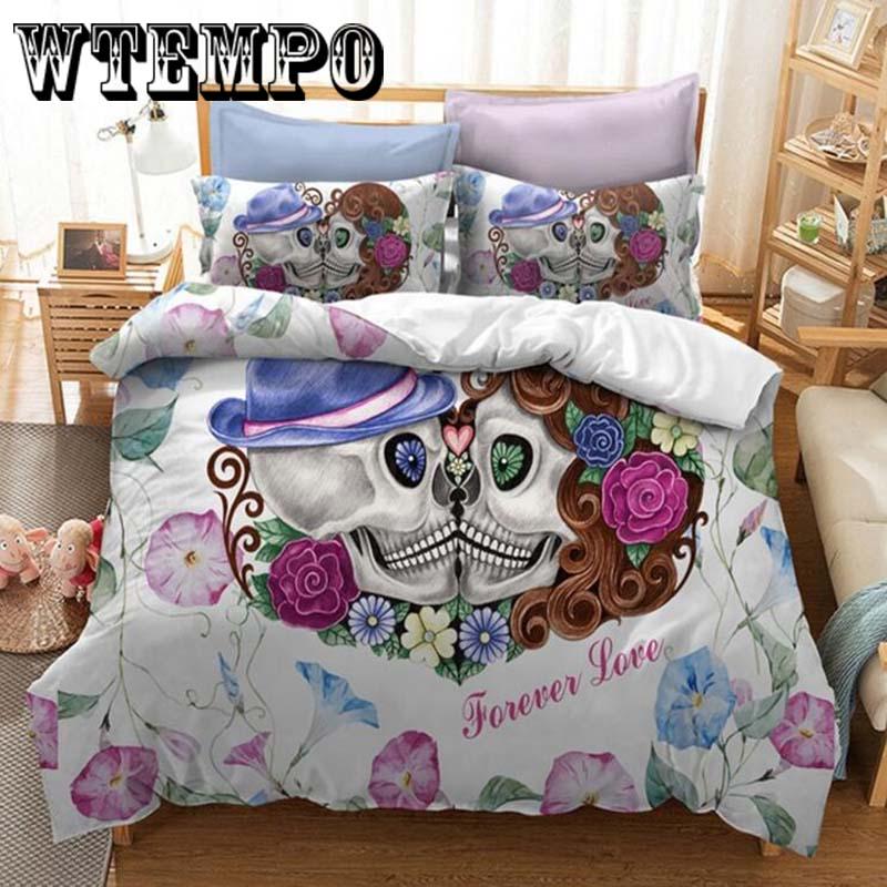 3D Kiss Skull Bedding Sets Lovers Skull Duvet Cover with Pillowcase 3 Pcs Set Bedclothes