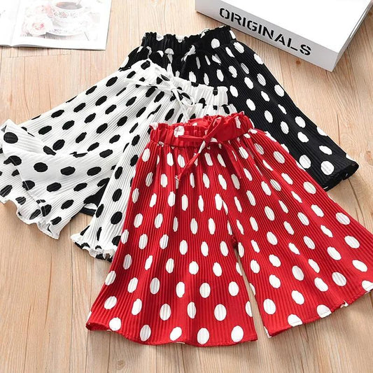 Girls Wide Leg Cropped Pants Summer Dress Polka Dot Pleated Anti-mosquito Casual Flared Pants