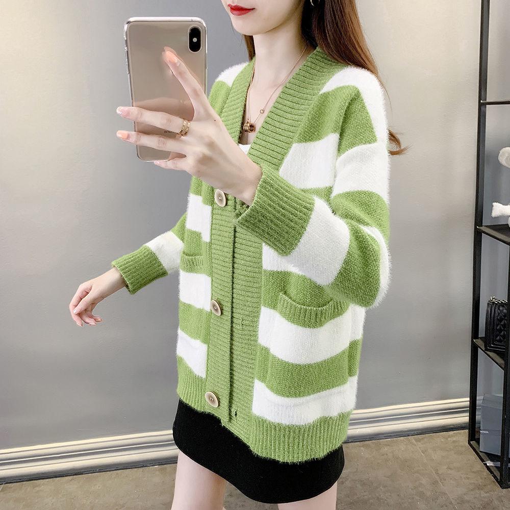 Autumn and Winter Mohair Jacket Loose-fitting Outer Wear Cardigan Jacket Striped Pattern Simple Female Jacket