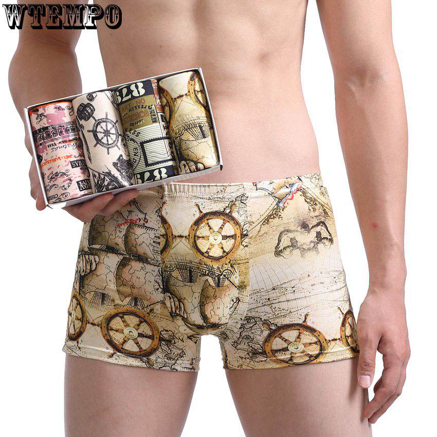 WTEMPO 4 Pcs Boxer Map Underwear Shorts Sexy Modal Fashion Boxers Male Underpants