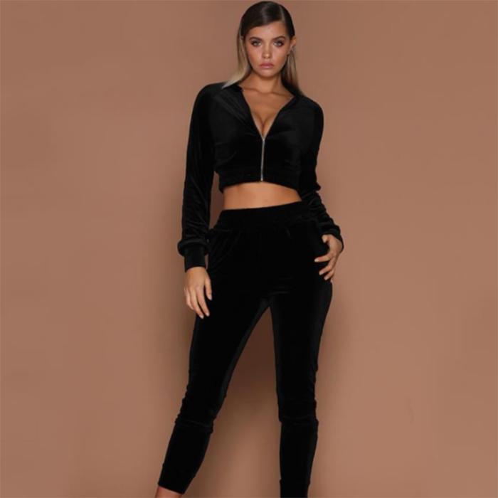 WTEMPO Velvet Women's Casual Sports Suit Solid Color Sweater Zipper Navel Two-piece Suit