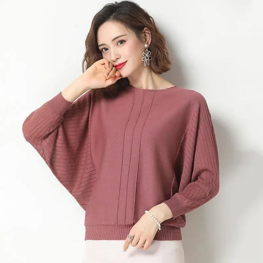 Women's Solid Color Round Neck Loose Versatile Casual Knitted Pullover Spring and Autumn Bat Sleeve Large Size Knitted Tops