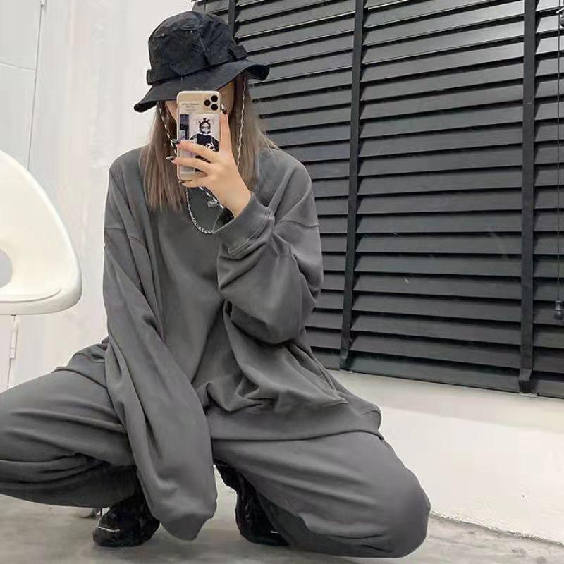 2PCS Ladies Spring and Autumn Grey Sports Suit Black Casual Pants Sweater Loose Two Piece Set Athletic Girl Jogging Suits Track Suit