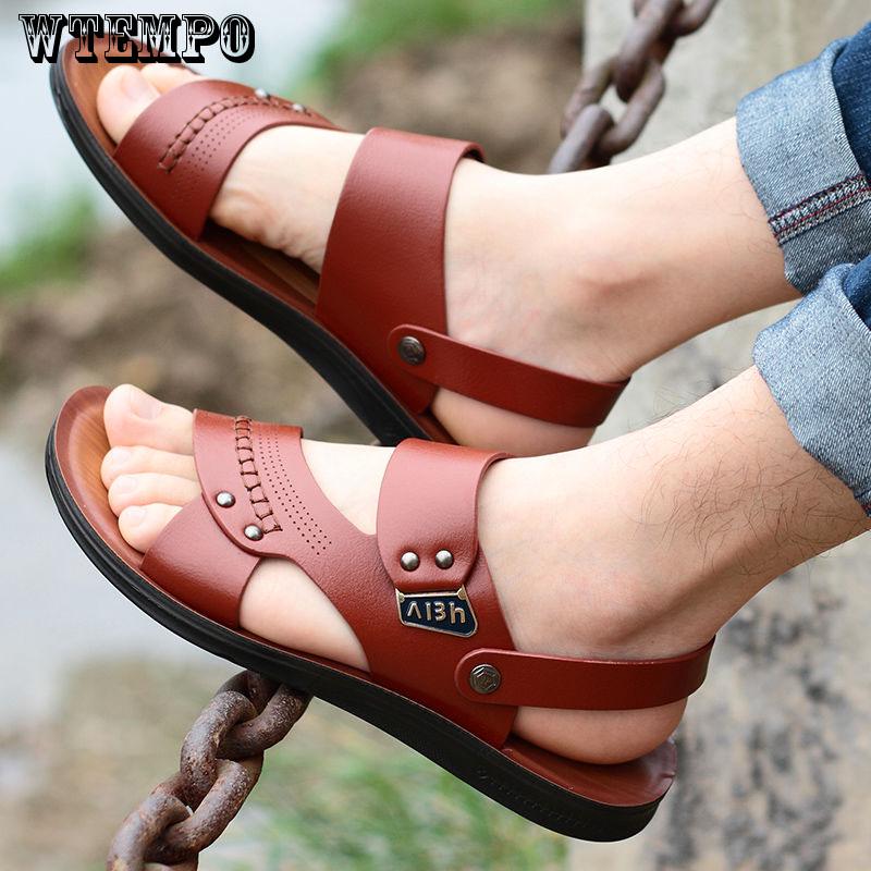 Leather Sandals Summer Shoes Man Breathable Casual Shoes Flat Walking Sandals Male Footwear