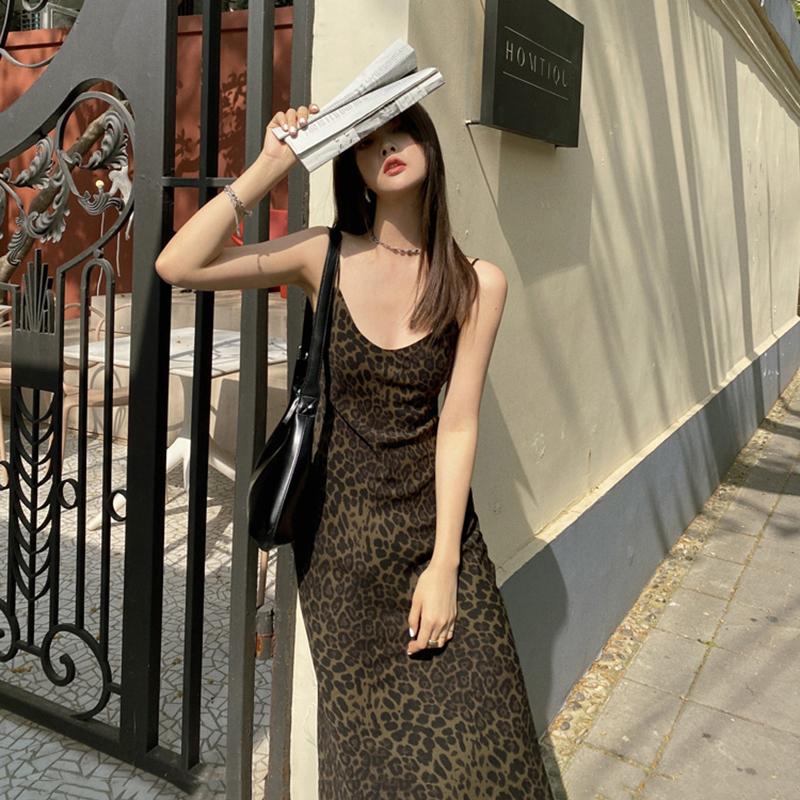 WTEMPO Summer Women's Leopard Dress Sleeveless V-Neck High Waist Woman Dresses Skinny Elegant Lady Sexy Dress for Female S-L