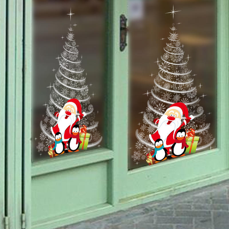 New Christmas shop door window glass decorative stickers Christmas tree Santa Claus wall stickers