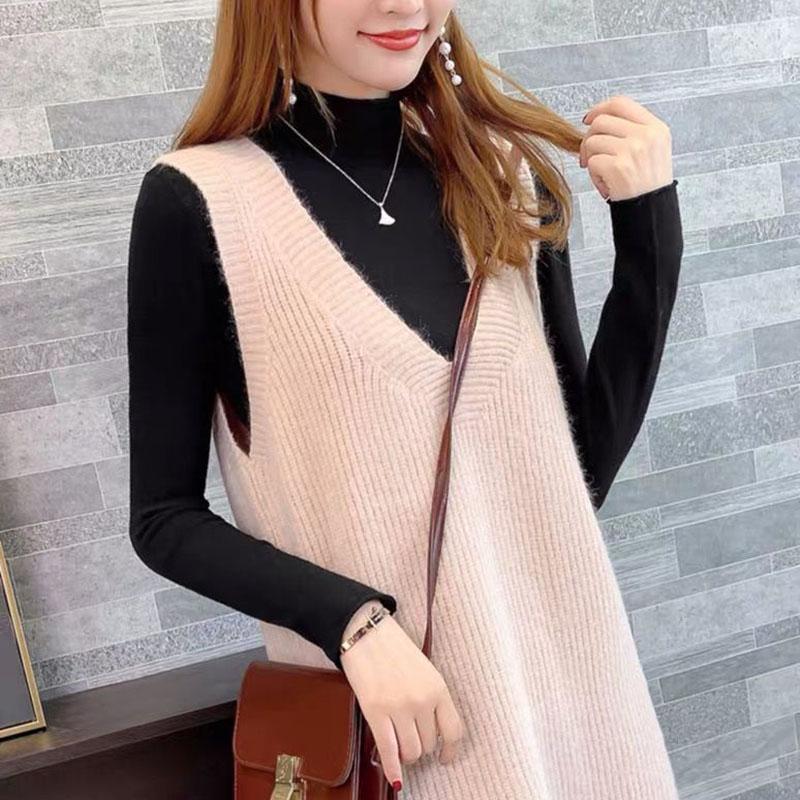 Autumn and Winter Long Knitted Sweater Loose V-neck Versatile Dress Casual Solid Color Women's Vest Dress