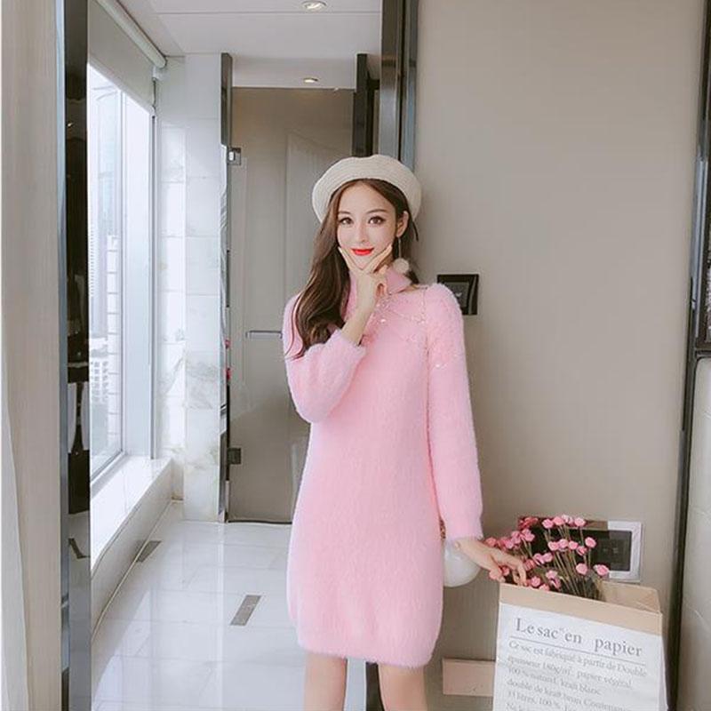 Autumn and Winter Temperament All-match Dress Beaded Mohair Knitted Sweater Dress Loose Mid-length Female Base Dress