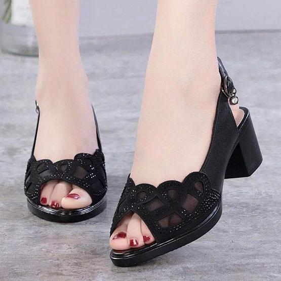 Women's Sandals Real Soft Leather Summer Mesh Fish Mouth Shoes Thick Heel Mid-heel Hollow Soft Sole Shoes