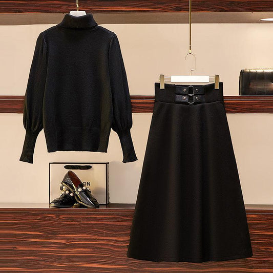 Autumn and Winter Turtleneck Sweater Sweater Hepburn Style Black Skirt Two-piece Skirt Ladies Temperament Sweater Suit Waist Was Thin