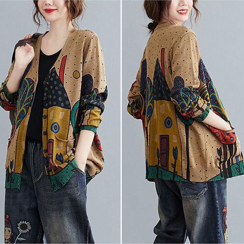 Vintage Art Plus Size V-neck Cardigan Coat Printed Long-sleeved Sweater Women Knitted Jacket with Pockets