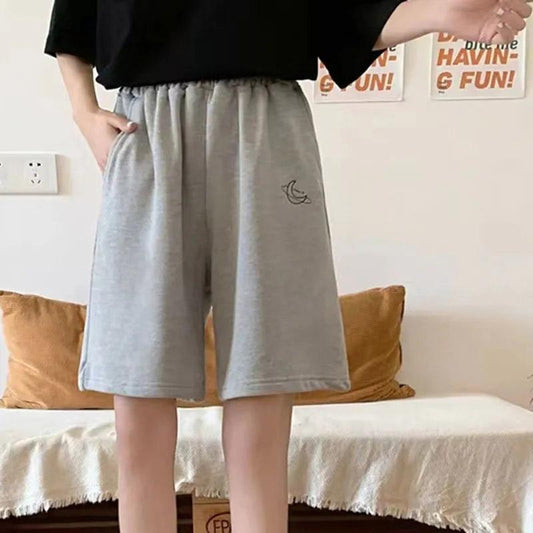 Moon Embroidered Shorts Women's Summer Loose and Thin High Waist Straight Wide Leg Shorts Korean Version Student Five Points Sports Casual Pants