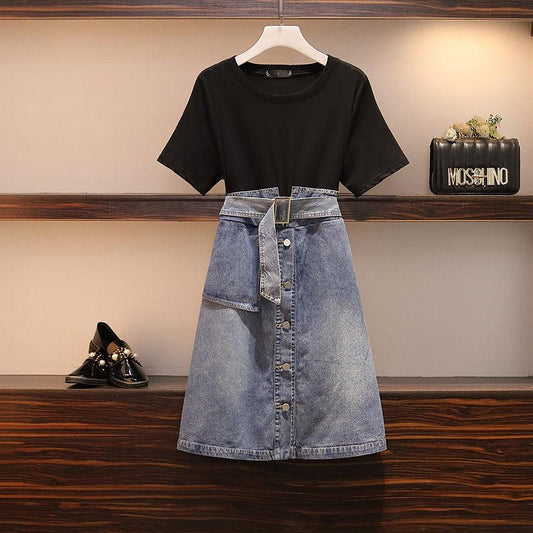 Plus Size Dress Summer Women Denim Stitching Dress Midi Short-sleeve Hooded Dress with Belt