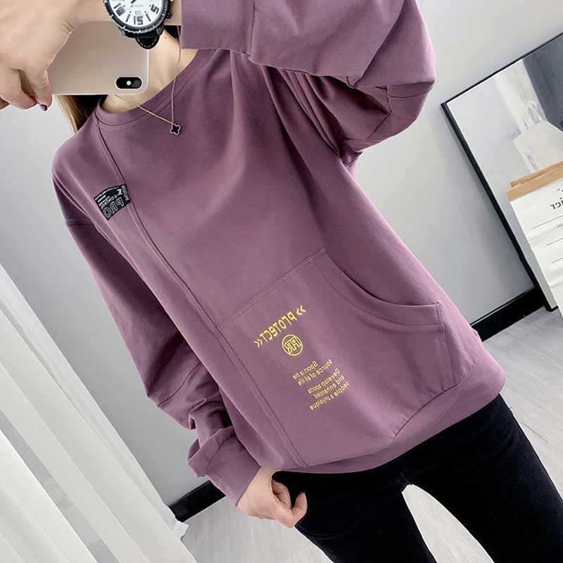 Spring and Summer Large Size Loose Pocket Sweater Women's Bottoming Casual Long-sleeved T-shirt Top