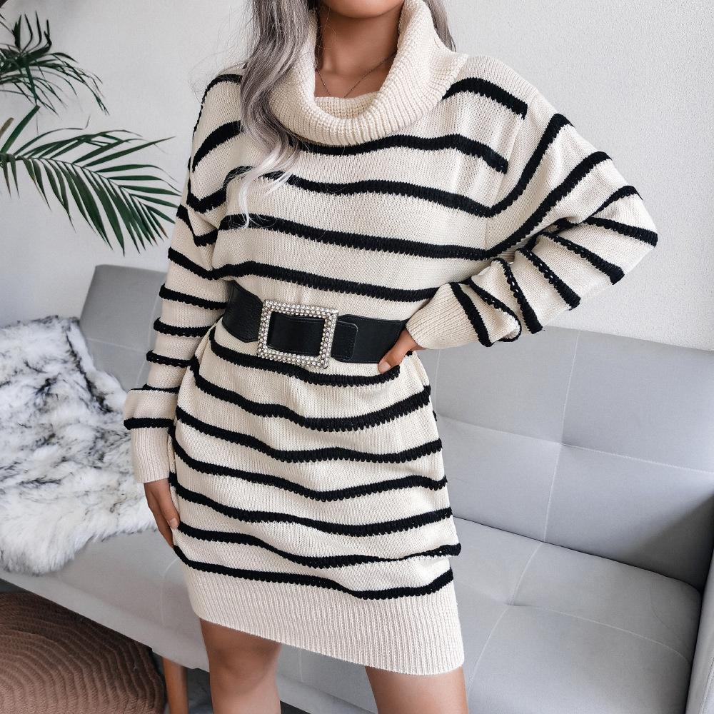 Turtleneck Striped Knitted Sweater Dress Women Long-sleeved Casual Loose Dress Sexy Sweaters Dressed Ladies Autumn Winter