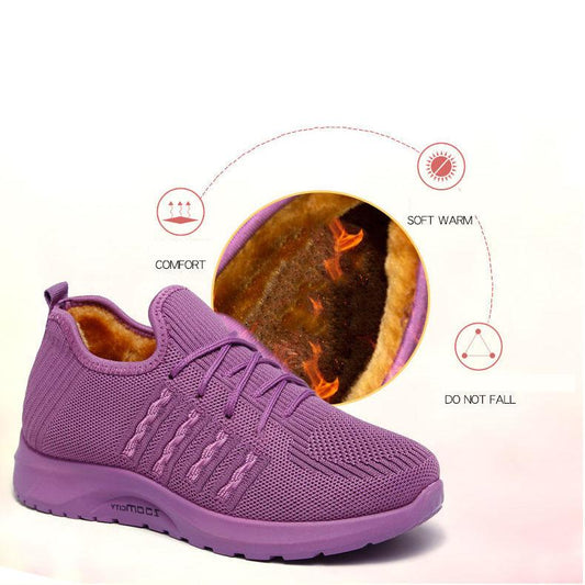 Winter Women's Cotton Padded Shoes Plush Flat Bottom Sports Shoes Large Size Solid Color Warm Non Slip Mother's Shoes