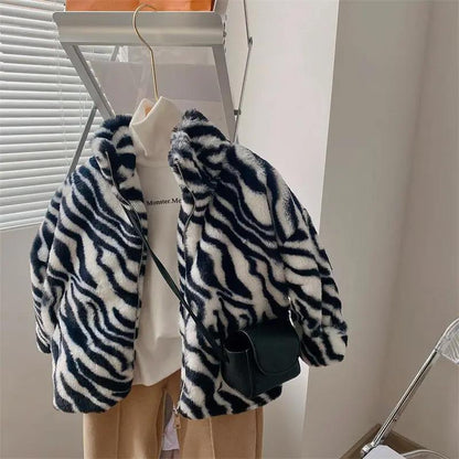 Girls' Zebra Print Jacket Thickened and Velvet Autumn and Winter Warm and Windproof Top