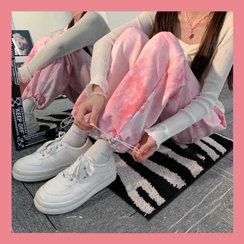 Love Pink Tie-dye Casual Pants Female Japanese Cute Soft Girl Loose Wild Sports Students Beaming Feet Wide Legs