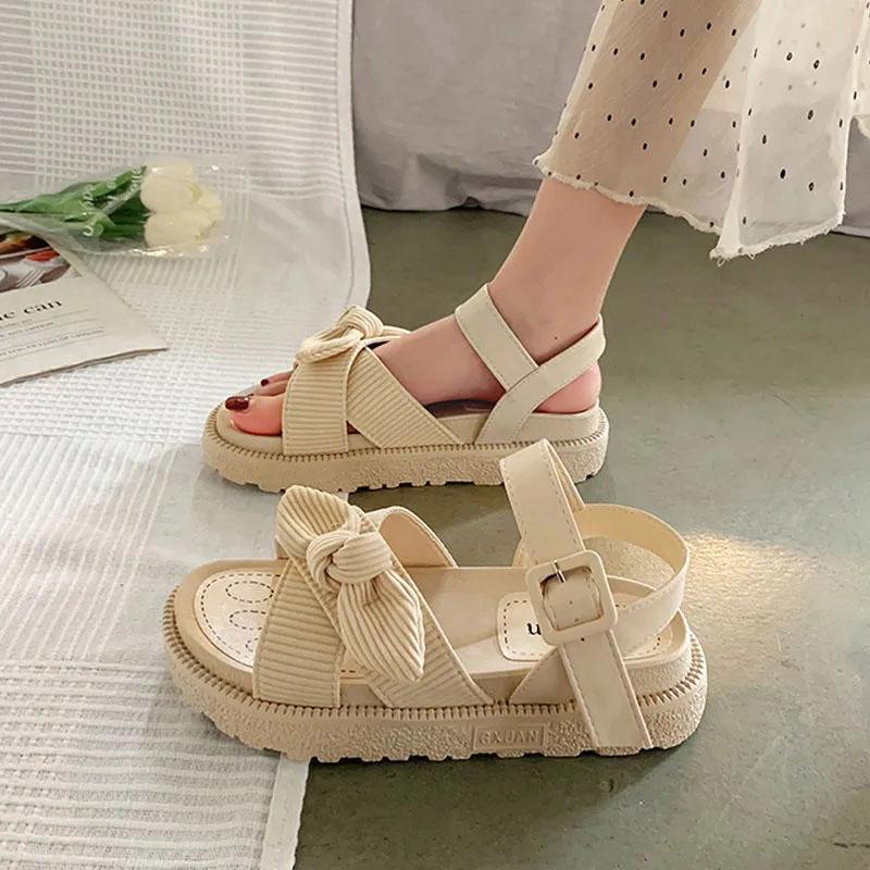 Women's Summer Flat Sandals Cute Bow Roman Thick-soled Beach Shoes Non-slip Comfortable Breathable Sandals