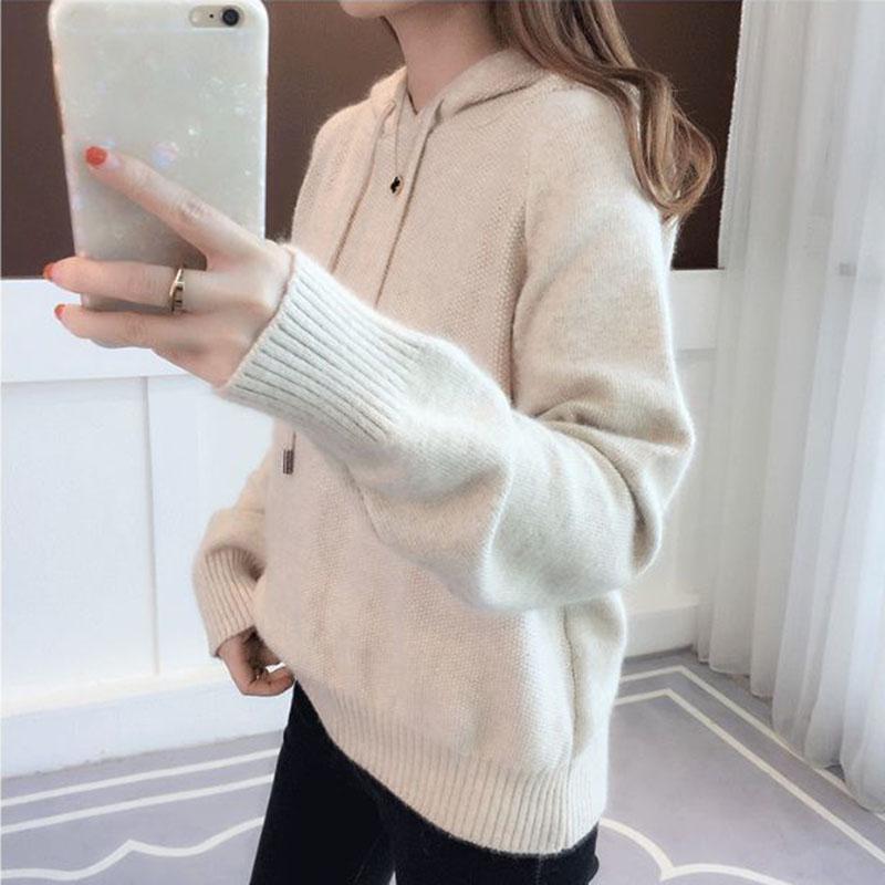 Spring and Autumn Hooded Jacket Loose Short Knitted Sweater Solid Color Long Sleeve Women's Top