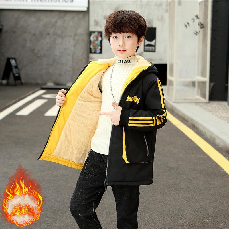 Winter Clothes Plus Cotton Thickening Boys Plus Fleece Jacket Big Children's Cotton Jacket Boy Jacket Children's Mid-length Cotton Jacket